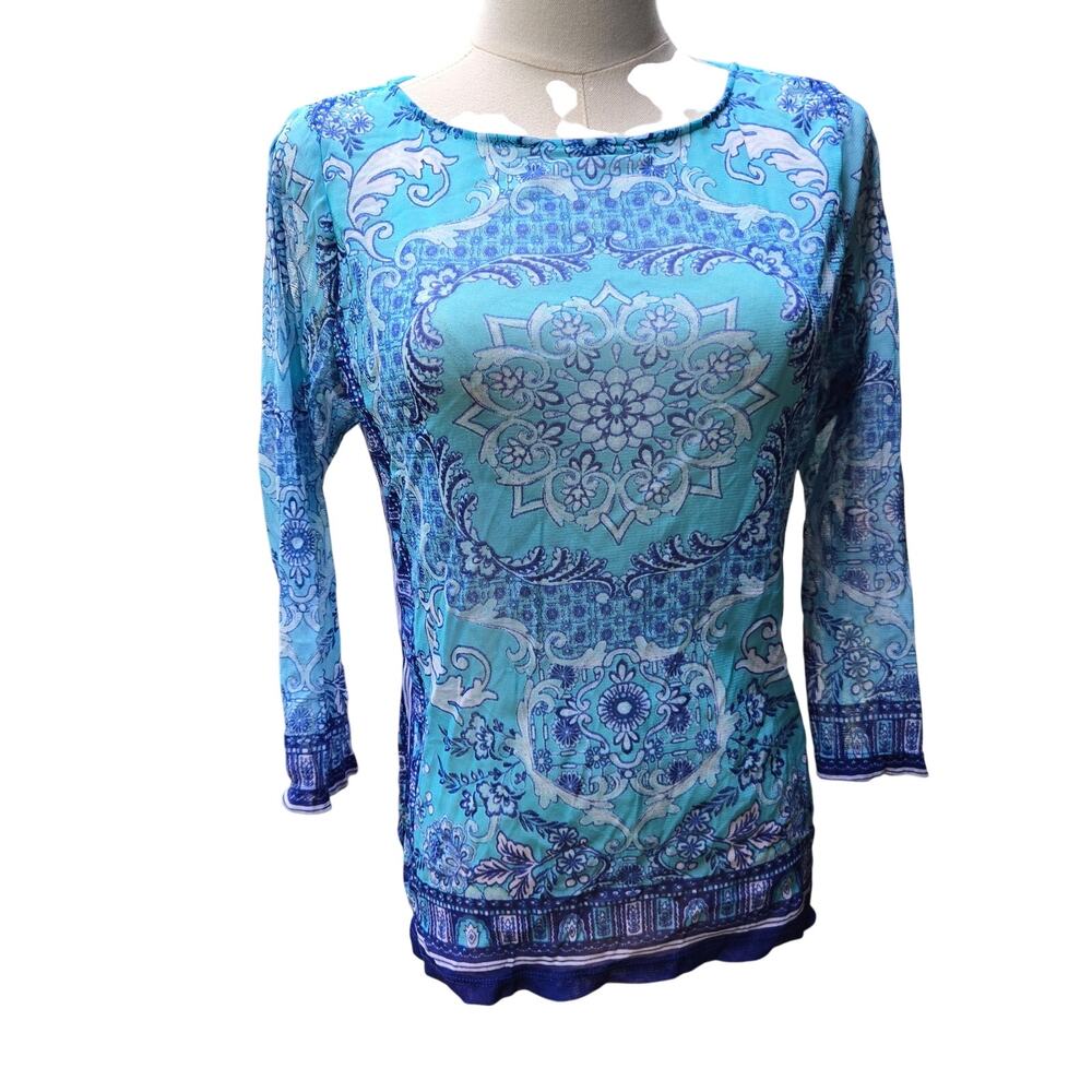 Charter Club Women Vintage Y2K Fairy Whimsy  Euro Summer Sheer Mesh Top MP Blue